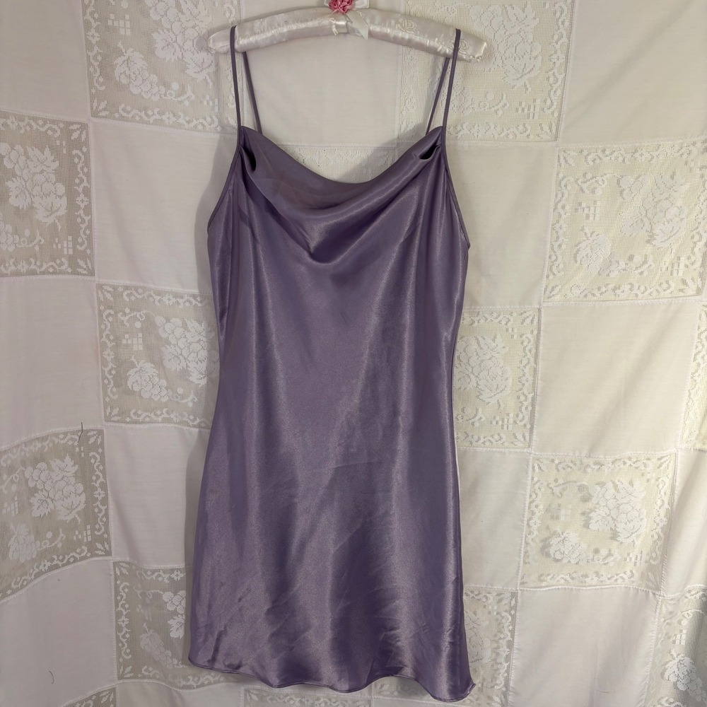 Lavender Purple Satin Cowl Neck Slinky Whimsy Mini Slip Dress Size M-L - Picture 11 of 12